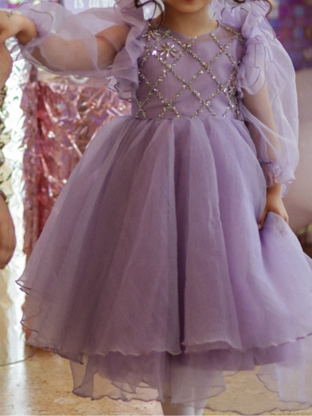 Lilac Tulle kids Party Dress with Beaded Bodice
